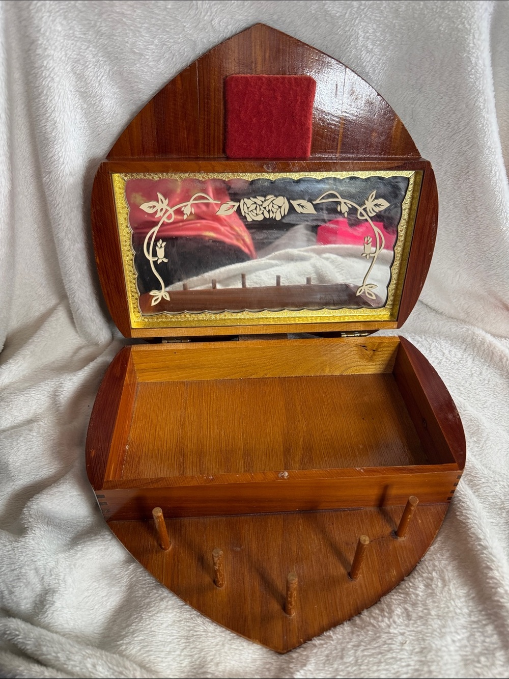 Vintage Mid Century Heart Shaped Cedar Sewing Box & Thread Caddy Organizer